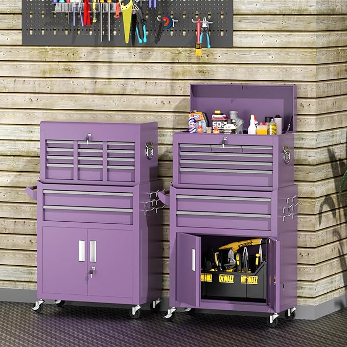INTERGREAT Tool Chest, Assembled 8-Drawers Rolling Tool Chest with Wheels, Detachable Top Tool Box, Tool Cabinet for Repair Room,Warehouse, Rolling Tool Box with Hooks,Tray Divider,Liners(Purple)