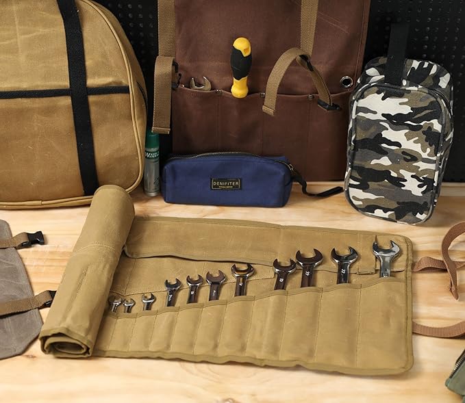 20+4 Pockets Roll Up Pouch, Hand Tool Roll Bag, Durable 16OZ Waxed Canvas Wrench Roll for Metric or SAE (Khaki)