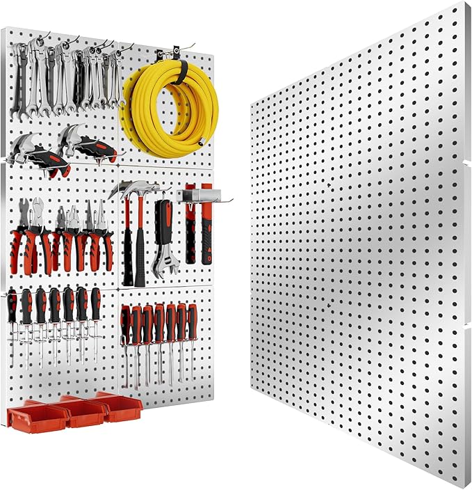 Peg Board, 6PCS Metal Pegboard, Heavy Duty Pegboard Wall Organizer with Frame. Silver Pegboard for Walls, Garage, Workbench, Craft Room Tool Organization, Metal Pegboard Panels 12in*12in