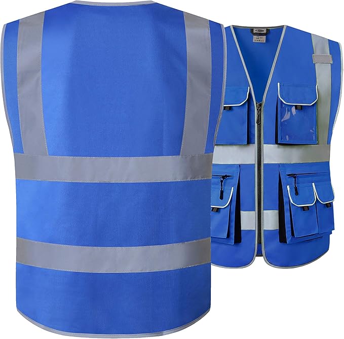 JKSafety 10 Pockets Blue Color Safety Vest Zipper Front with High Reflective Strips Meets ANSI/ISEA Standards (88-Blue, XX-Large)