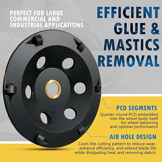 5" PCD Grinding Wheel for Epoxy, Glue, Mastic and Paint, 6 PCD Segments, 7/8"-5/8" Non-Threaded Arbor