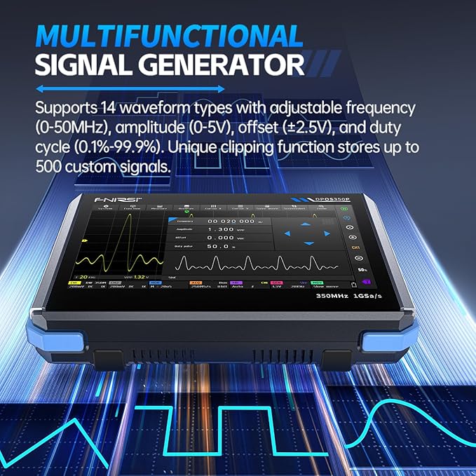 FNIRSI DPOS350P 4-in-1 Tablet Oscilloscope 350MHz, Spectrum Analyzer 200KHz - 350MHz, Frequency Response Analyzer DDS Generator, 2CH Handheld Oscilloscope 1 GSa/s, 7" Touch Screen Digital Phosphor
