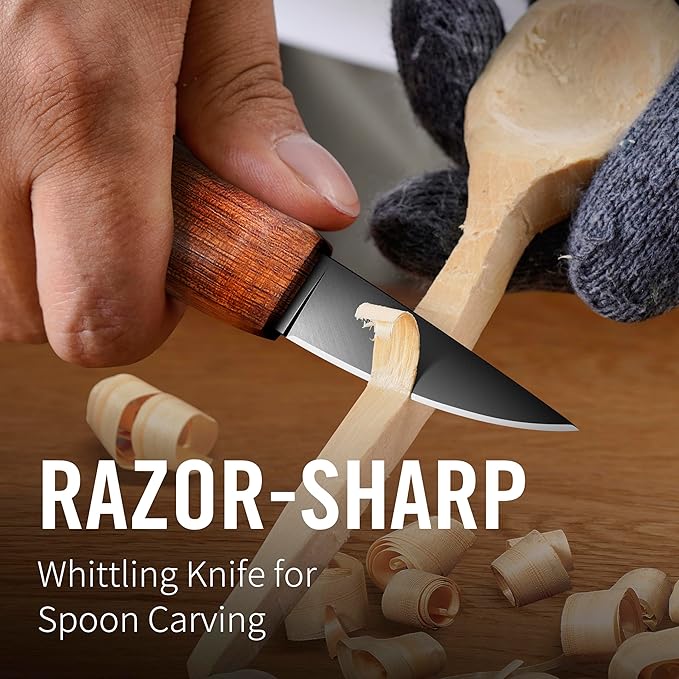 RAVS Whittling Knife with Leather Sheath, High Carbon Steel Blade Wood Carving Knife with Titanium Coating, Sloyd Knife with Ergonomic Rosewood Handle, Wood Carving Tools for Beginners to Experts