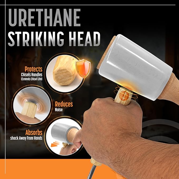 Precision Wood Carving Mallet 15oz for Woodworking, Comfortable Wooden Handle Reduces Hand Fatigue, Non-Marring Urethane Head Protects Tools, Chisel Hammer from Schaaf Tools