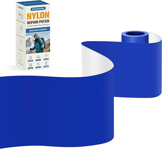 KING MOUNTAIN Self Adhesive Nylon Fabric Repair Tape, 4×63 Inches, Quick Down Jacket Repair Patch, Waterproof Outdoor Gear Patch Kit for Tent,Backpacks,Umbrella, Gloves, Sleeping Bag (Blue