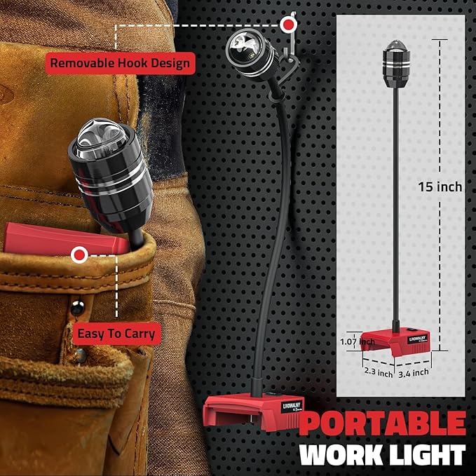 LIVOWALNY LED Work Light Compatible with Milwaukee Battery, 2PCS 20W 2000LM LED Flood Light with 12" Flexible Gooseneck and USB-A & Type-C Charging Port, Low Voltage Protection Flashlight (No Battery)