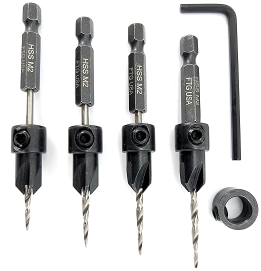 FTG USA Adjustable Wood Countersink Drill Bit Set 4 Pc #4 (7/64") with Tapered Drill Bit for Woodworking