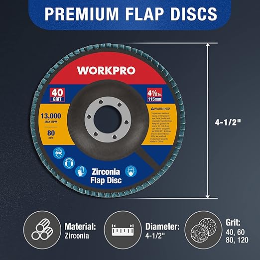 WORKPRO 10-Pack Flap Discs, 4-1/2-inch, Arbor Size 7/8-inch, T29 Zirconia Abrasive Grinding Wheel and Flap Sanding Disc, Includes 40/60/80/120 Grits