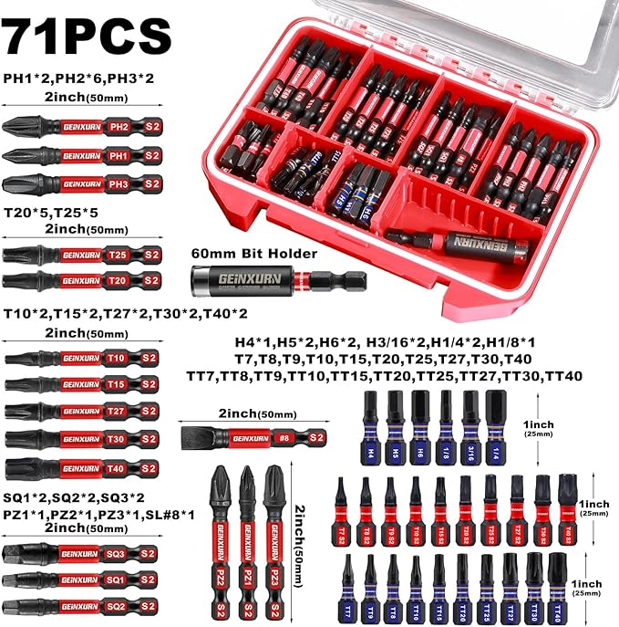 Impact Screwdriver Bits Set, 71pieces Case Storage Magnetic S2 Steel Multi Insert Power Bits Tips with Impact Bit Holder