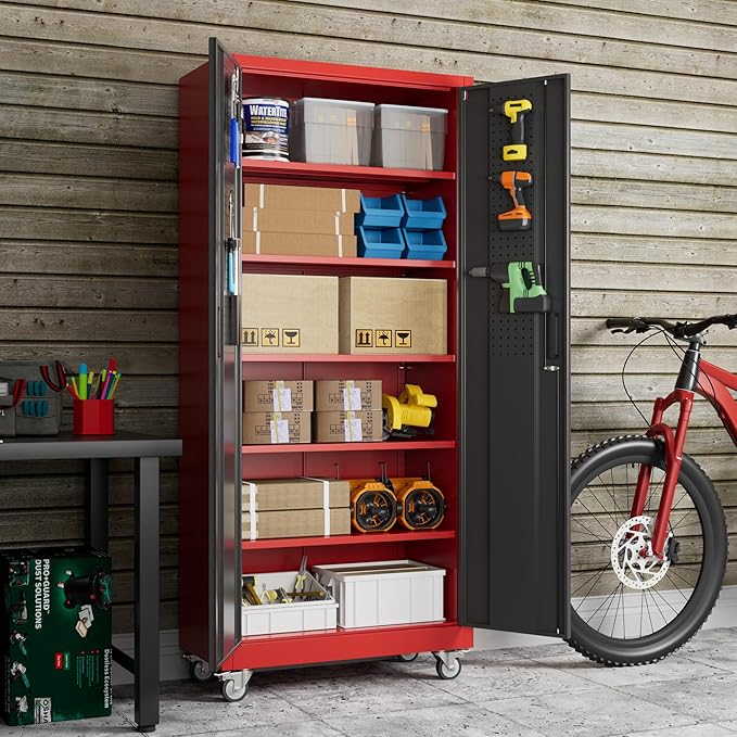 71" Metal Storage Cabinet with Wheels and Pegboard, Lockable Rolling Steel Storage Cabinet with 5 Adjustable Shelves and Door for Garage, Office, Kitchen, Assembly Required,Black and red