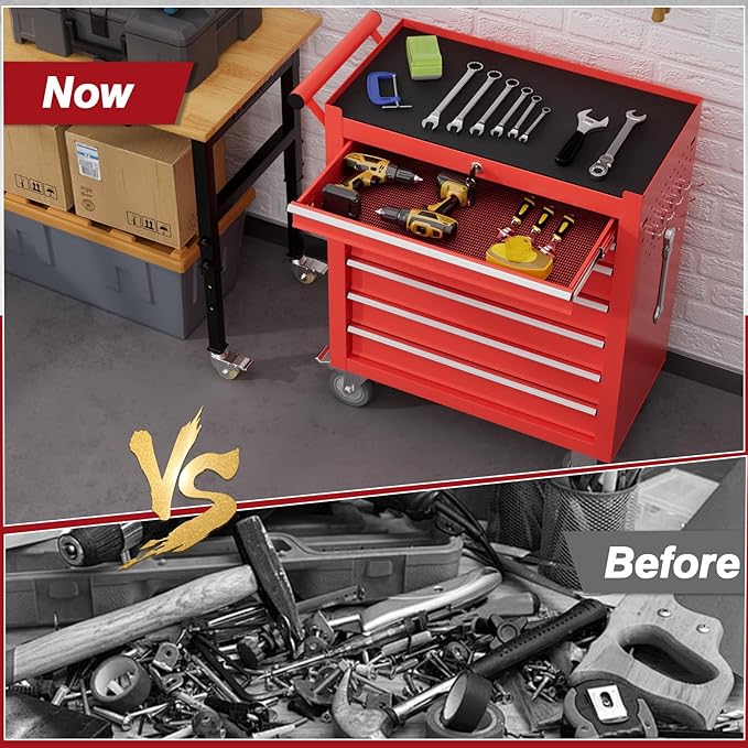 Rolling Tool Chest with Drawers, 7 Drawers Tool Chests & Cabinets, Metal Toolbox with Wheels, Lockable Storage Cabinet, Garage Tool Box with Drawers (Red, 7 Drawers)