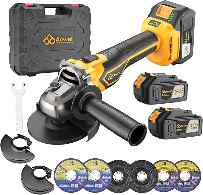 Brushless Cordless Angle Grinder, 21V Angle Grinder Toolbox Kit, with 2x4.0Ah lithium batteries and charger, yellow 4-1/2 inch grinder, suitable for cutting, grinding, polishing