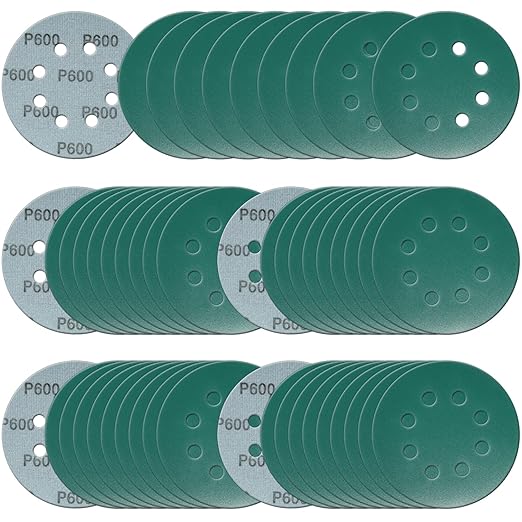 5 Inch 8 Hole Sanding Discs, 50 Pcs Wer Dry Sandpaper 600 Grit Hook and Loop Green Polyester Film Backed Sanding Disc for Random Orbital Sander Wood Car Metal Plastic (600 Grit, 50 Pack)