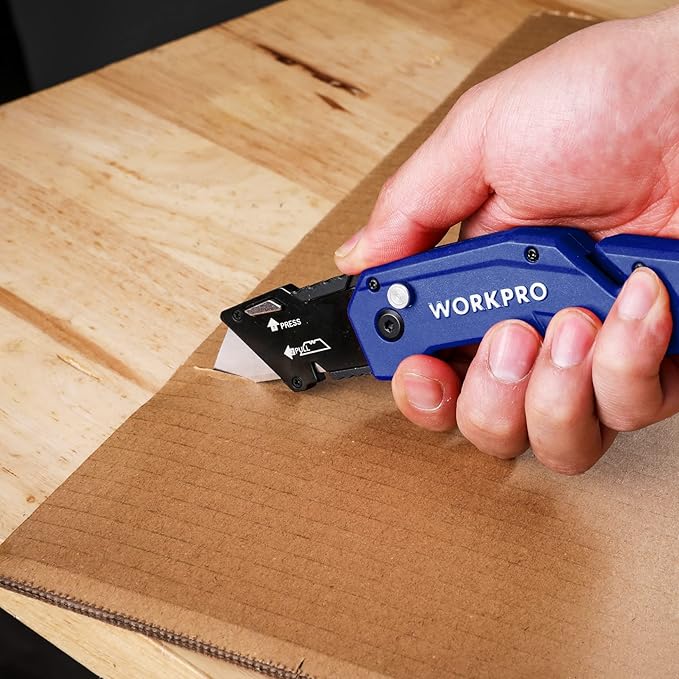 WORKPRO Folding Utility Knife, Box Cutter with Belt Clip, Quick-Change Blade, Lightweight Nylon Handle, Wire Stripper & Gut Hook, Extra 10 SK5 Blades Included, Blue