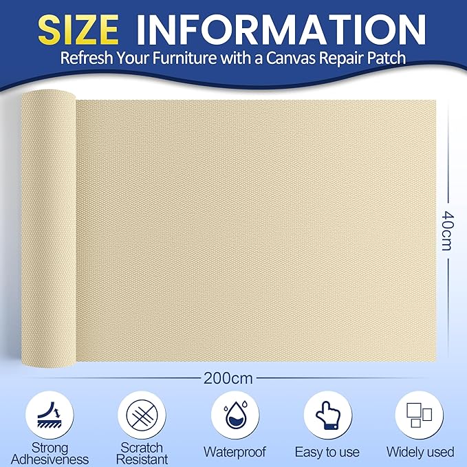 Self-Adhesive Canvas Repair Tape, 16" x 79" Waterproof Canvas Repair Patch, Fabric Patch Repairs Kit for Furniture, Tents, Sunbrellas, Boat Covers Awnings, Couches, Clothes, Bags Light Beige