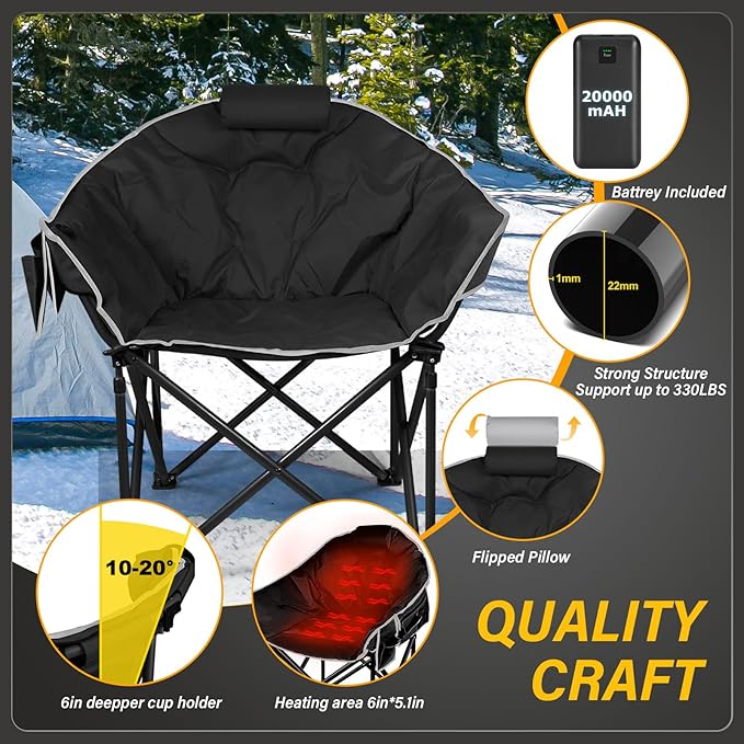 Oversized Heated Camping Chair, 3 Heat Levels Portable Heated Folding Chairs with 20,000mAh Power Bank, Camping Heated Chair for Adults Supports 440 lbs, Heavy Lawn Chair for Camping/Patio
