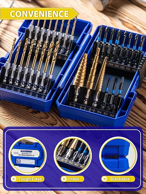 JEFE HEX 30pcs Impact Bit Set, Screwdriver Bit Set 11pcs, Hex Shank Drill Bit Set 16pcs, Step Drill Bit 3pcs, High Speed Steel Materialand Titanium Coating, S2 Alloy Steel Bits with Index Box