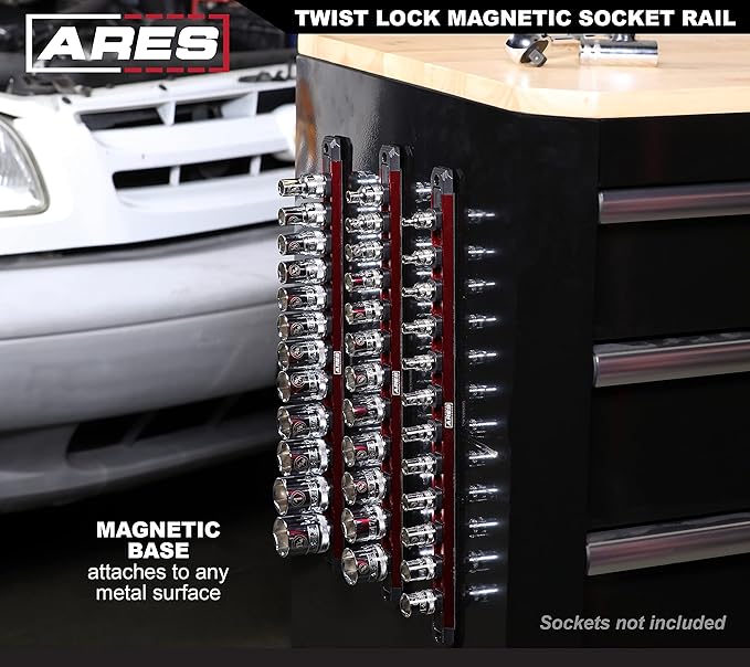 ARES 60171-3-Piece 15.5-Inch Red Twist Lock Magnetic Socket Rail Set - Store 12 Metric or SAE Sockets on Each Rail and Keep Your Tool Box Organized – Magnetic Base for Easy Socket Organization