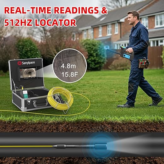 Sanyipace Sewer Camera 100FT with 512Hz Locator, Self-Leveling Drain Camera Pipe Inspection Cámara, Distance Counter, IP68 Waterproof, 9" HD Color Screen, Video Record up to 128GB