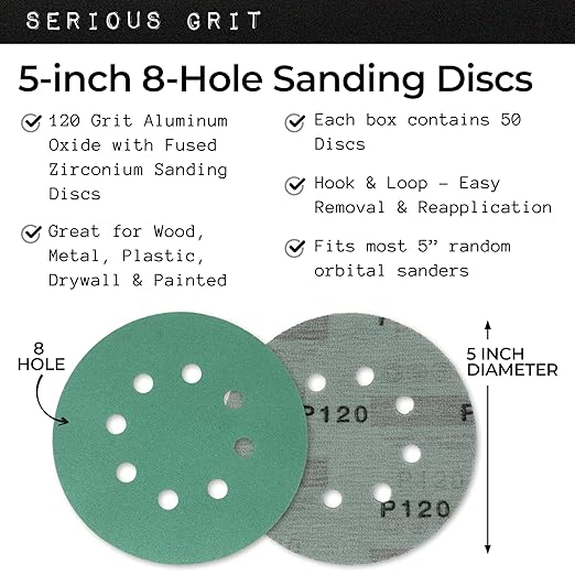 Sanding Discs 5 Inch 8 Hole 120 Grit - Heavy-Duty Hook & Loop Wet Dry Film Sandpaper Discs - Fine Grit Sand Paper for Random Orbital Sanders - Wood, Automotive, Metal, etc - 50 Pack Box