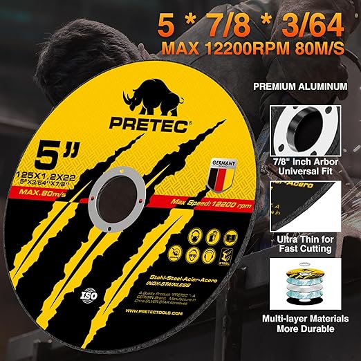 Cut Off Wheels 5", PRETEC 50+5 Pack Metal Cutting Wheel,Thin 125mm Metal & Stainless Steel Fast Cutting Discs for Angle Grinder - 7/8" Arbor Hole, 5" x 1/24" x 7/8" 55 PCS