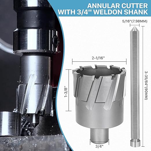 KEENTECH Carbide-Tipped Annular Cutter, 2-1/16" Diameter x 1-3/8" Depth, 3/4" Weldon Shank (2 Flat), High Speed Cutting TCT Mag Drill Bit with Pilot Pin for Harder Material, Stainless Steel, Cast Iron