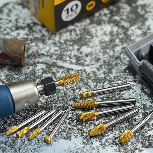 Carbide Burrs TiN Set with 1/4''Shank Double Cut Solid Power Tools Tungsten Carbide Rotary Files Bits for Die Grinder Metal Wood Carving Engraving Polishing Drilling Grinding Milling Cutting 10pcs