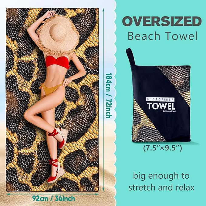 Snake Skin Pattern Beach Towel Oversized 36" x 72", Thin Lightweight Sand Free Quick Dry Microfiber Towel for Swimming Pool Cruise Camping Travel