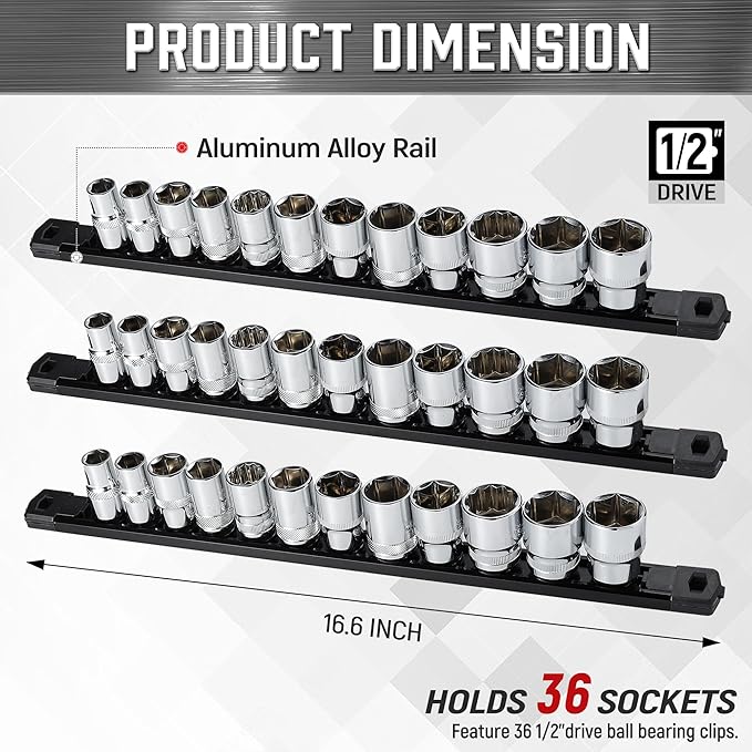 ALOANES 3-Piece Magnetic Socket Organizer, Heavy Duty Aluminum Socket Rails Organizer, 360° Swivel Clips Socket Holder Kit for Tool Box, 1/2-Inch Socket Holder x 36 Clips (Black)