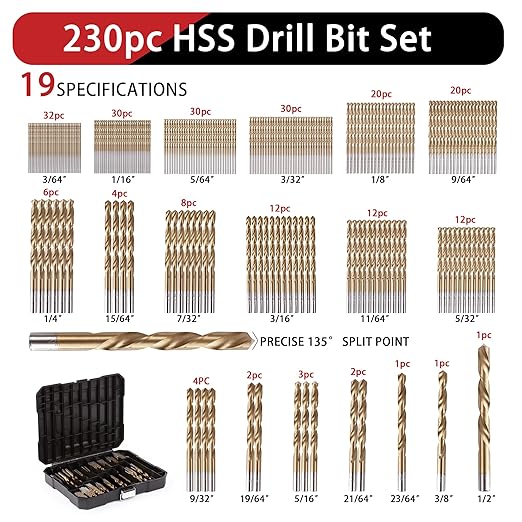 230 Pcs Drill Bit Set, 135° Tip Titanium Coated High Speed Steel, Twist Drill Bit Kit for Iron, Aluminum Alloy, Copper, Wood, Plastic, with Hard Storage Indexed Box 3/64''-1/2''