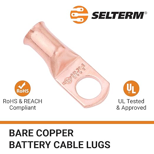 SELTERM 10pcs 2 AWG - 3/8" Stud - Battery Lugs, Heavy Duty Wire Lugs, Ring Terminals, Battery Cable Ends,2 Gauge Terminals, UL Bare Copper Eyelets Electrical Battery Terminal Connectors
