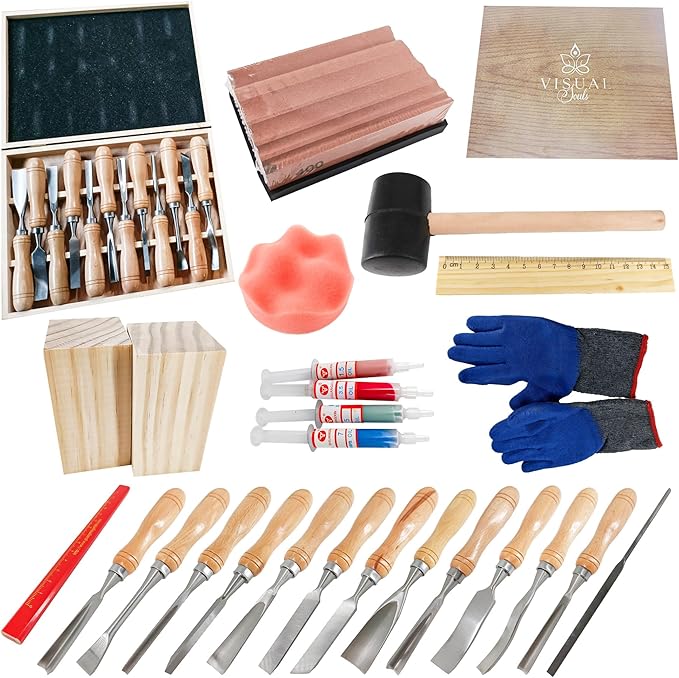 Wood Carving Kit, with Wooden Case, 25 Wood Carving Tools, Wood Carving Kit, Wood Carving Set, Wood Carving Tool Set, Wood Carving Kit for Beginners and Professionals, Carving Tools, 25 Piece Kit