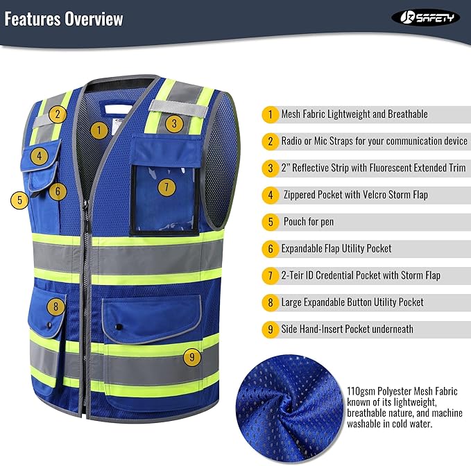 JKSafety 11 Pockets Hi-Vis Blue Mesh Safety Vest for Men Women High Visibility Reflective Construction with Zipper Work Utility PPE Work Gear ANSI/ISEA compliant (102-Blue M)