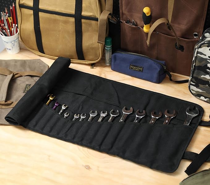 Tool Bag, Heavy Duty Waxed Canvas Wrench Tool Roll Up Pouch, Multi-Purpose Small Hand Tools Organizer Holder with 24 Pockets (Black)