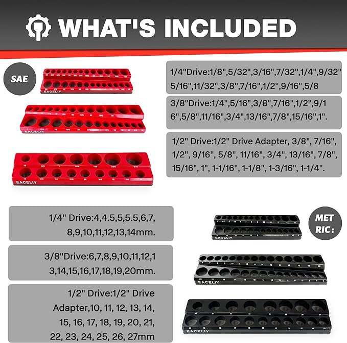 6-Piece Magnetic Socket Organizer Set, 1/2", 1/4" and 3/8" SAE & Metric Deep & Shallow Socket Holder Kit, holds 141 stanard Sockets, attaches to steel box/tool cart (sockets not included)