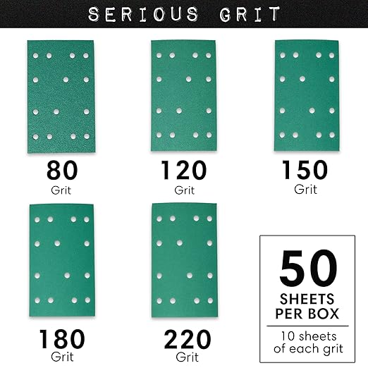3" x 5" (80mm x 133mm) 14-Hole Sanding Sheet Assortment - 80, 120, 150, 180, 220 Grit (10 of Each) - Fits Festool RTS 400 & Mirka Deos 353 - Hook & Loop Sandpaper - 50 Pack Box
