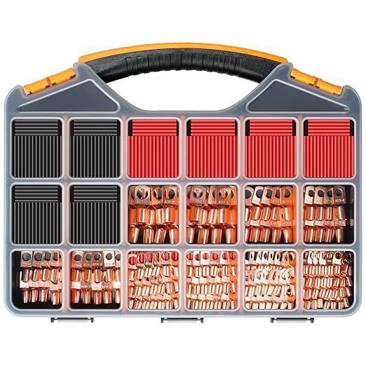 180Pcs AWG2 4 6 8 10 12Gauge Thickened Copper Electric Wire Lugs，Heavy Duty Battery Cable Lug Ends Ring Terminals Connectors，240Pcs 3:1 Heat Shrink Tubing Assortment Kit (420Pcs)