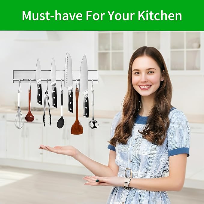 YIIYIIN 12 Inch Magnetic Knife Holder for Wall No Drill,Adhesive Knife Magnetic Strip with 6 Hooks,Kitchen Double Rods Stainless Steel Magnetic Utensil Holder(Silver)