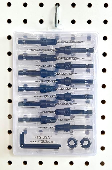 FTG USA Countersink Drill Bit Set for Wood with Tapered Drill Bit 3 Pc #4 (7/64"), 6 Pc #6 (9/64"), 3 Pc #8 (11/64")
