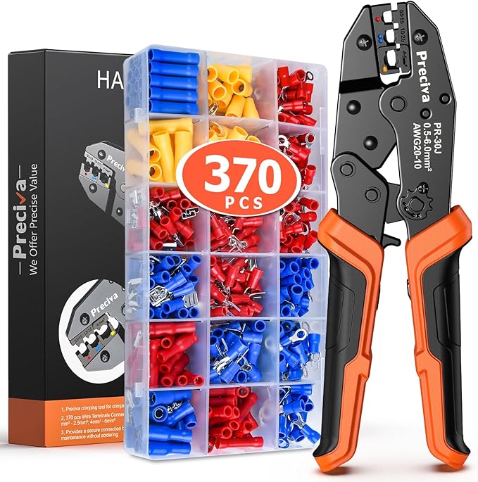Wire Terminals Crimping Tool Kit with New Handle Design, Preciva AWG20-10 Insulated Ratcheting Crimper Tool with 370PCS Insulated Wire Connectors (USRC50371)