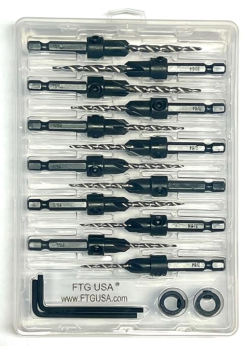 FTG USA Countersink Drill Bit Set for Wood with Tapered Drill Bit 3 Pc #4 (7/64"), 6 Pc #6 (9/64"), 3 Pc #8 (11/64")