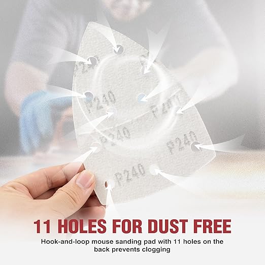 S SATC 50 PCS Mouse Sander Sandpaper 11 Holes 240 Grit Detail Sander Sandpaper Palm Sander Paper Hook and Loop Sander Pads Triangular Sanding Sheets