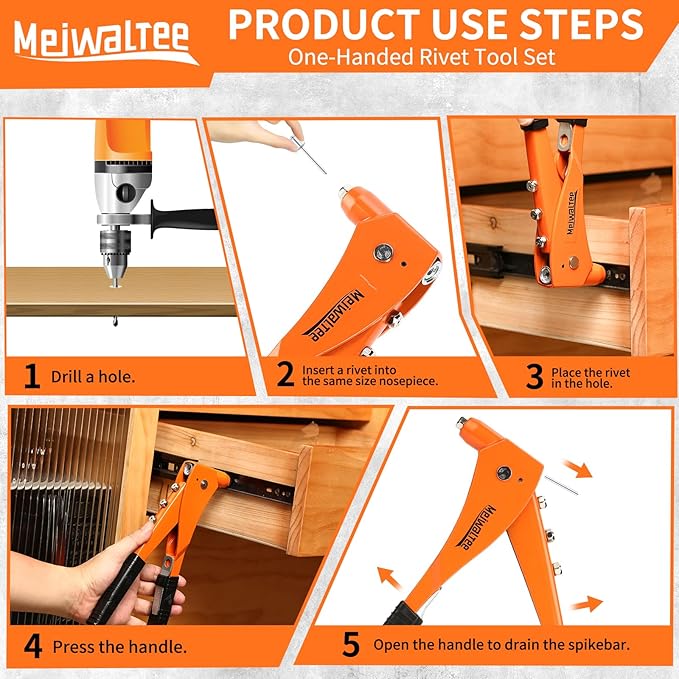 Meiwaltee Rivet Gun with 200PCS Rivets and 4 Drill Bits, Professional Aluminum Alloy Riveter, Heavy Duty Pop Manual Riveting Tool with 4 Interchangeable Heads for Metal, Wood and Plastic