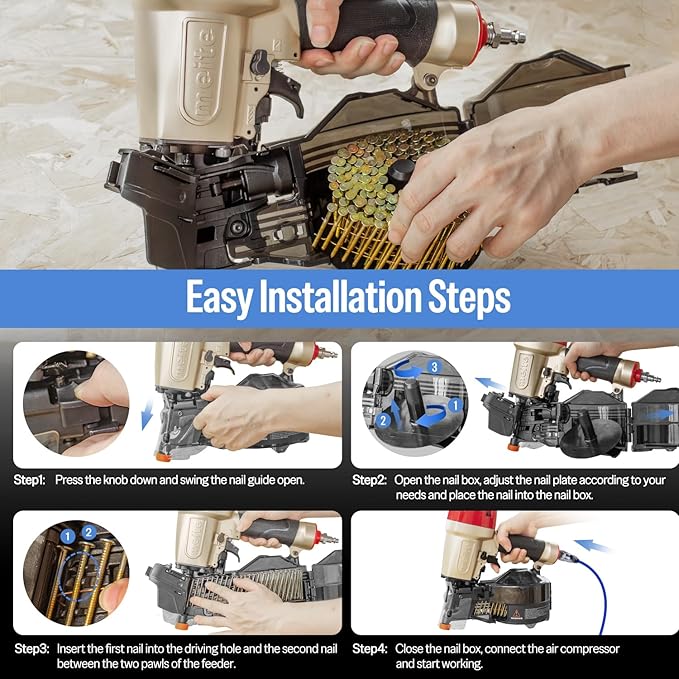meite Siding Nailer, Pneumatic Siding Nail Gun Lightweight Air Coil Nail Gun with Safety Nose, Nail Depth and 360°Exhaust Adjustable, Compatible with 1-1/2" to 2-1/2" Coil Siding Nails (CN65S)