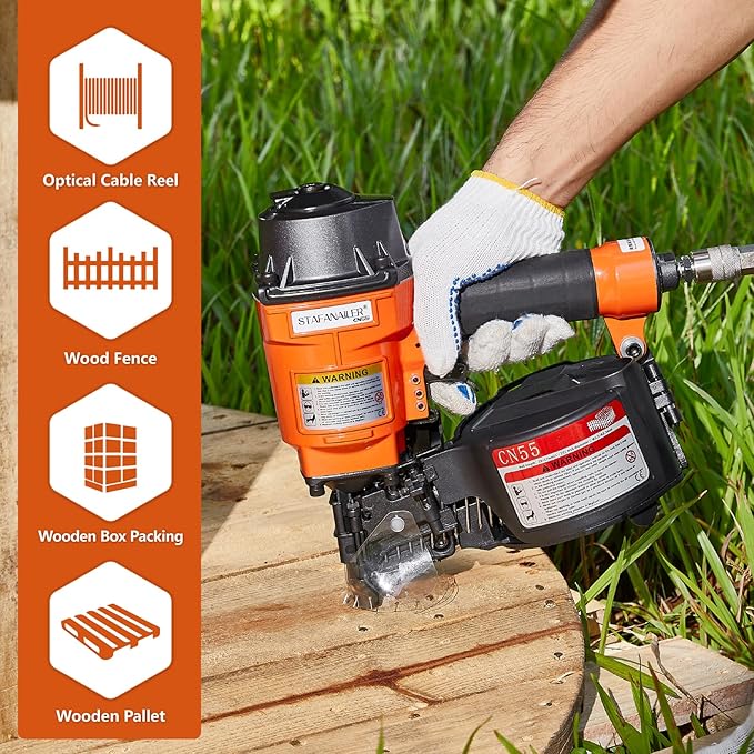 Update CN55 Pneumatic Siding Nailer for 1-Inch up to 2-1/4-Inch Nails, 15 Degree Coil Nail Gun with Bump Firing for Fast Nailing Speed, Coil Nail Gun for Pallets, Siding, Crating, Fencing, Decking