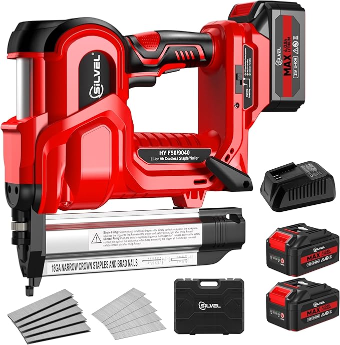 SILVEL 2" Cordless Brad Nailer, 2-in-1 21V Electric Brad Nailer Stapler with 2 * 4.0Ah Battery, 1000pcs Nails, 18GA Staples, Adjustable Depth for Woodworking, Home Improvement