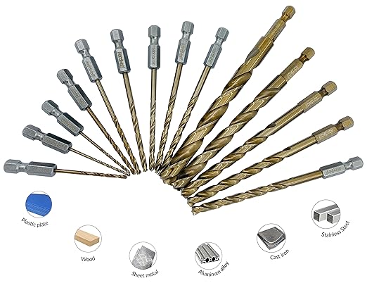 NordWolf 14-Piece M35 Cobalt Drill Bit Set for Stainless Steel, Hard Metals & Cast Iron, Jobber Length with 1/4" Hex Shank, SAE Sizes 1/16" to 3/8" in Storage Case