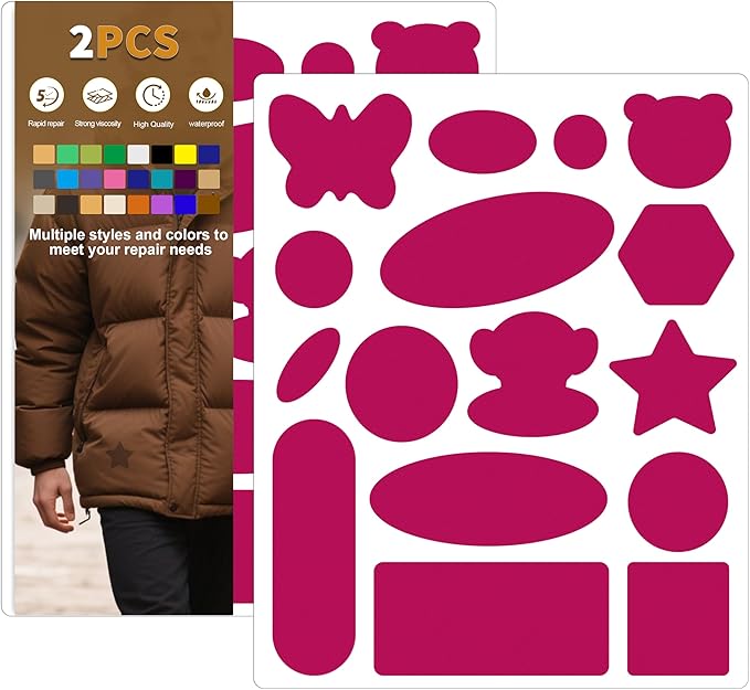 Azobur Down Jacket Repair Patches-Waterproof, Self-Adhesive,Nylon Fabric Patches for Puffy Jackets, Rain and Snow Gear, Tents, Sleeping Bag and More(Rose Red，2pcs)