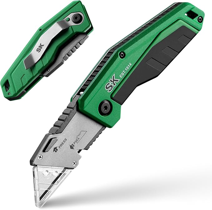 SK Folding Utility Knife with Additional Wire Cutter, Quick Change Box Cutter with Liner Lock & Belt Clip, Lightweight Aluminum Handle