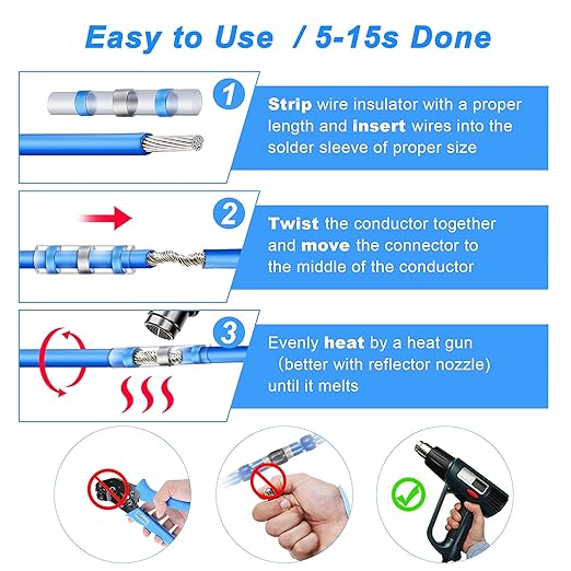Kuject 160PCS Solder Seal Wire Connectors Kit, Waterproof Solderless Heat Shrink Butt Terminal Insulated Electrical Butt Splice for Automotive Marine Boat Wire Joint